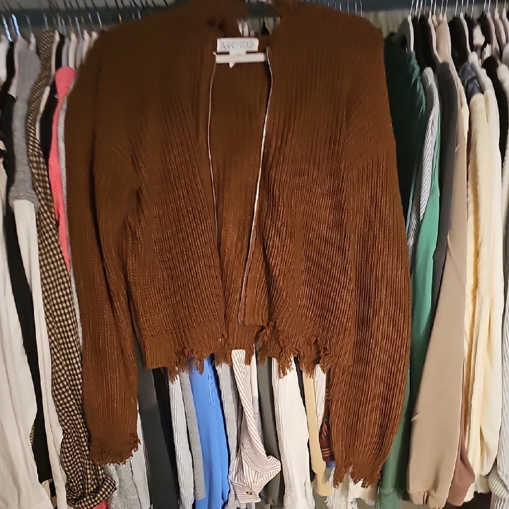 Brown Distressed Zip-up Sweater